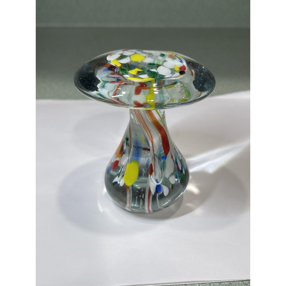 Vintage Glass Mushroom Paperweight Multicolored Bubbles